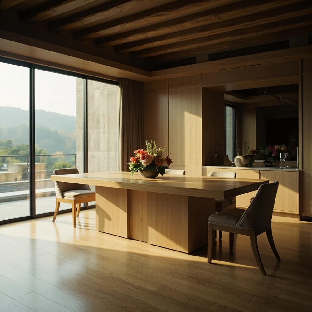 東京麻布のマンション dining roomに置かれたフレンチラグジュアリーオーク無垢材ダイニングテーブル、猫脚と幕板25mm構造