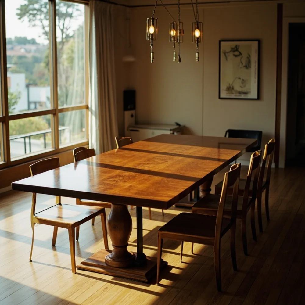 名古屋東山区の戸建て dining spaceに置かれたアメリカンラグジュアリーウォルナットダイニング、挽物柱脚と真鍮金物