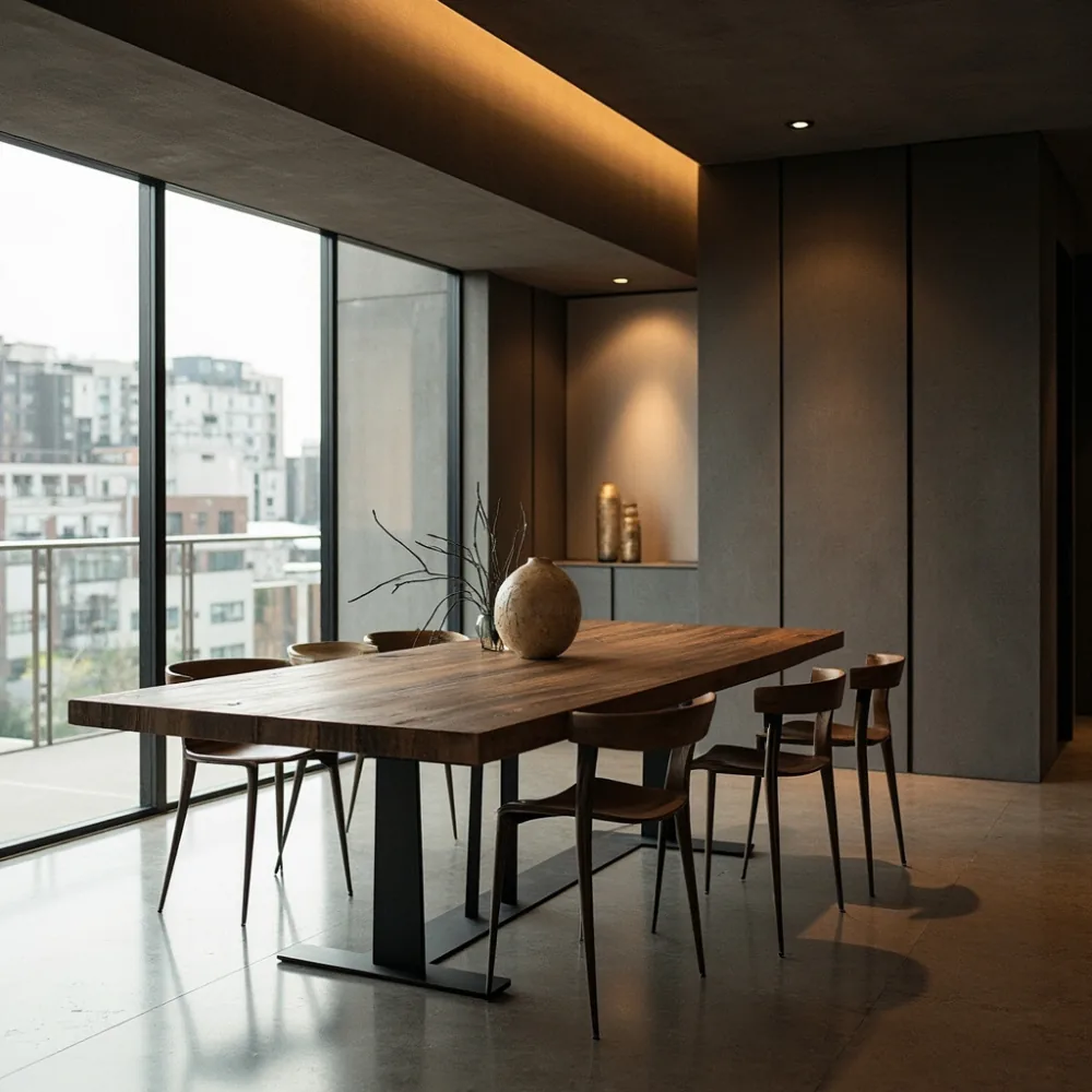 大阪北山 low-rise mansionに置かれたポストモダンラグジュアリーwalnutダイニング、黒皮スチール脚とwood接合部