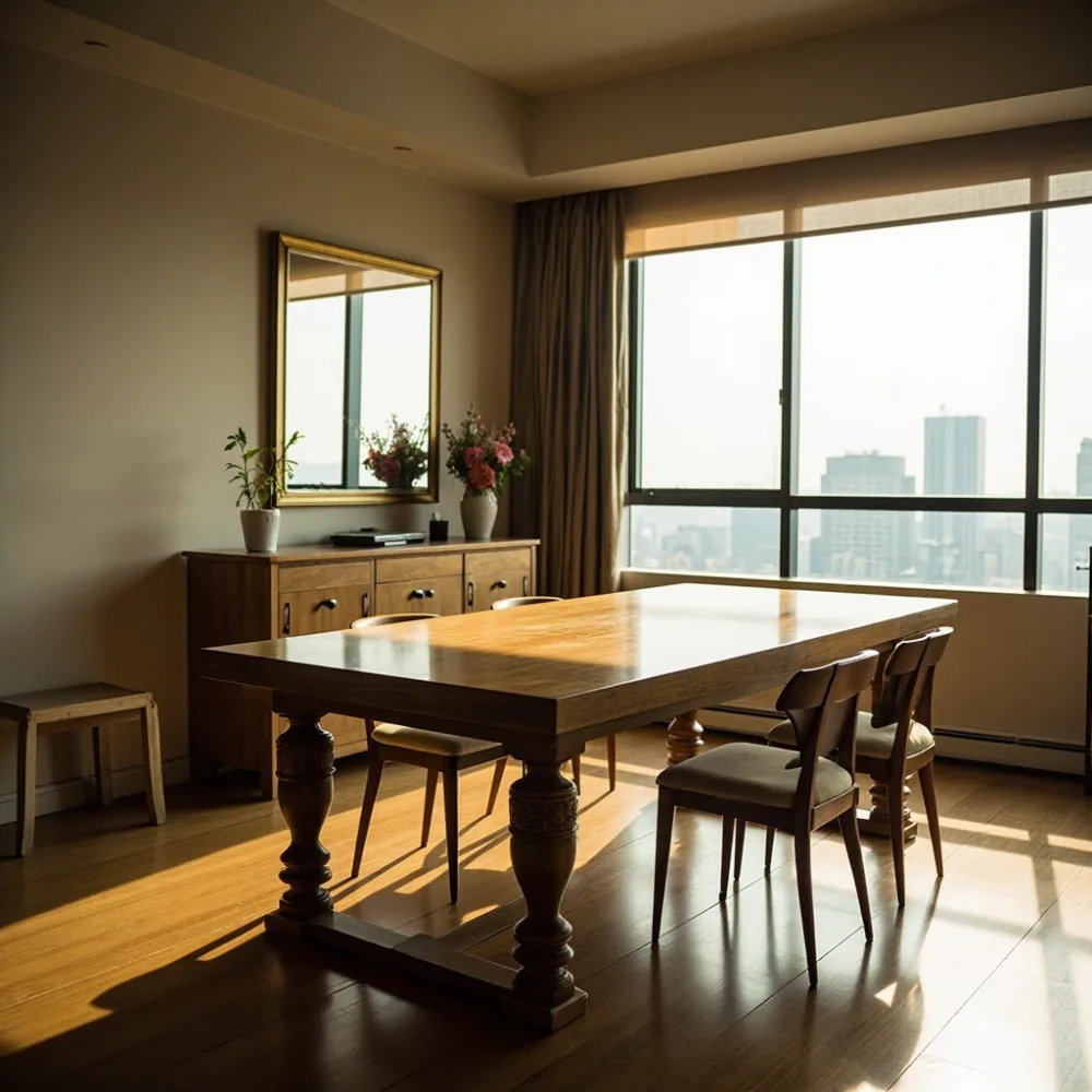 東京マンション梁下228cm環境におけるフレンチ系無垢材ダイニング morning light photo