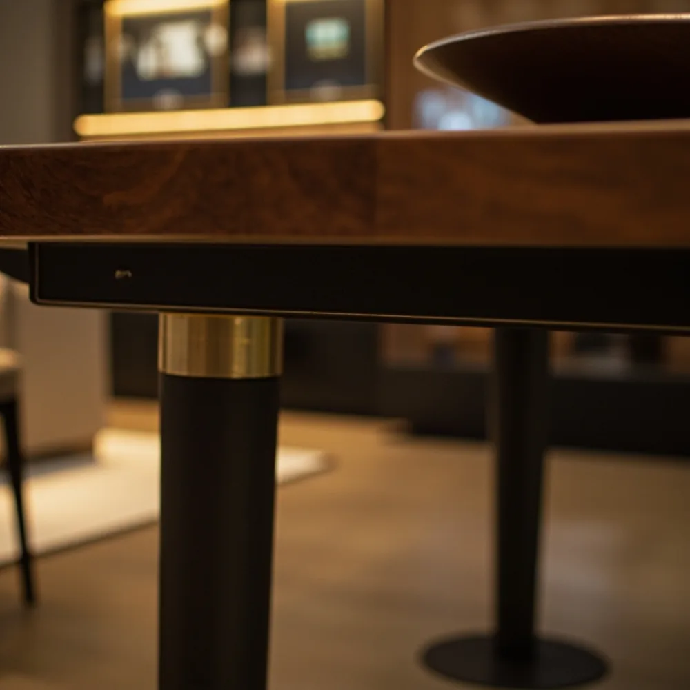 大阪マンションで幕板裏通氣と鋼芯接合が見えるポストモダンラグジュアリー Dining テーブル