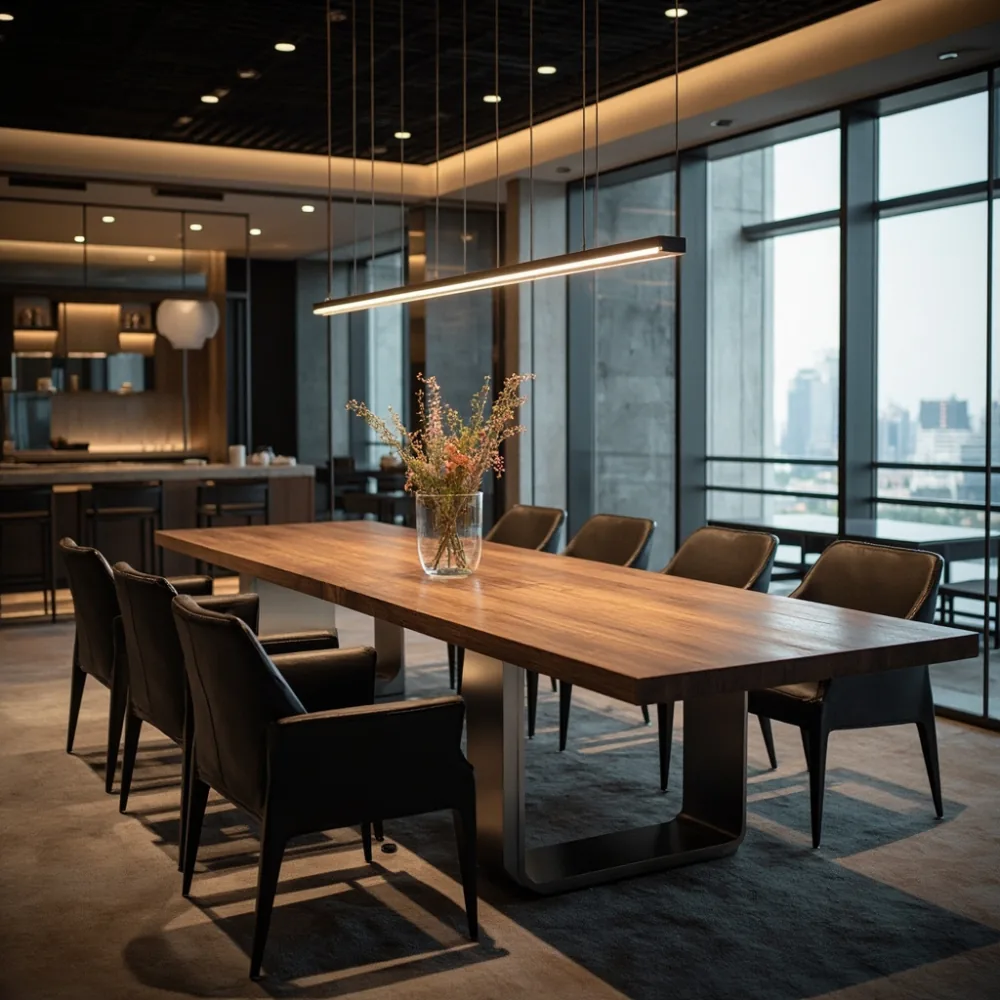 名古屋タワマン dining roomに置かれたポストモダンラグジュアリー金属フレームダイニングテーブル