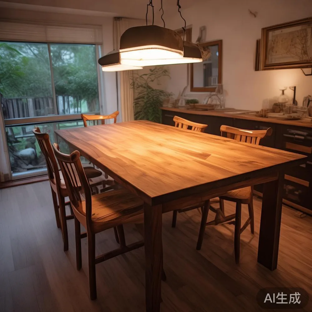 東南アジアからの木材と日本の湿度 ── 無垢材ダイニングテーブルを守る実用ガイド — room setting at dusk with warm lamp light, film 