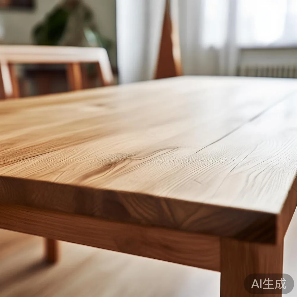 狭い部屋でも窮屈にしないレイアウト術｜無垢材ダイニングテーブルを中心に — close-up of the grain and joinery detail, shallo