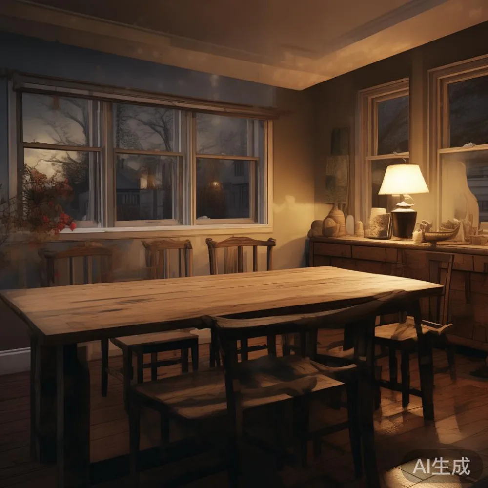 無垢材家具の価格は何が動かすのか？ダイニングテーブルから読み解く本当の価格構造 — room setting at dusk with warm lamp light, film 